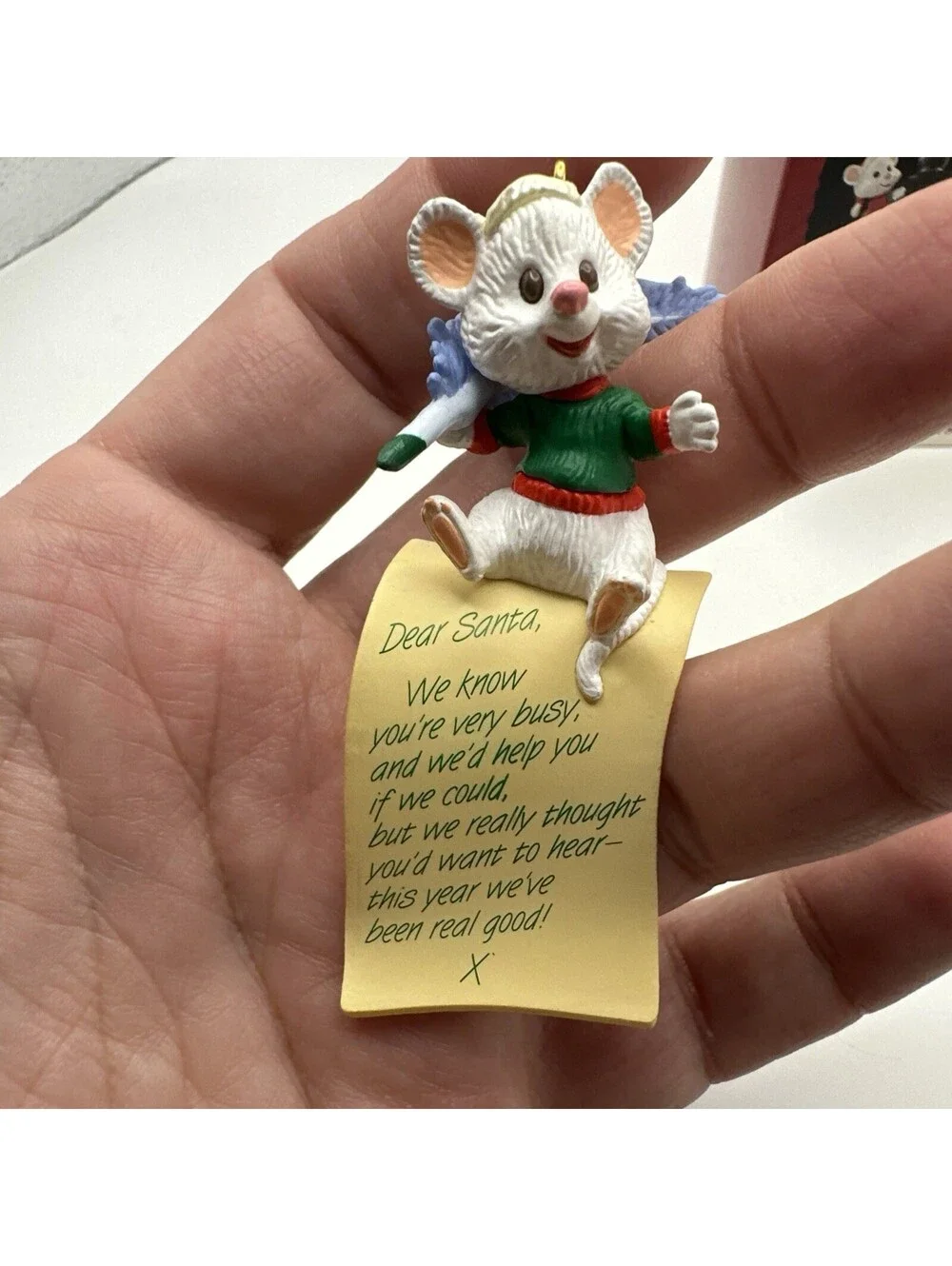 1994 hallmark dear Santa mouse set of two ornaments hang together